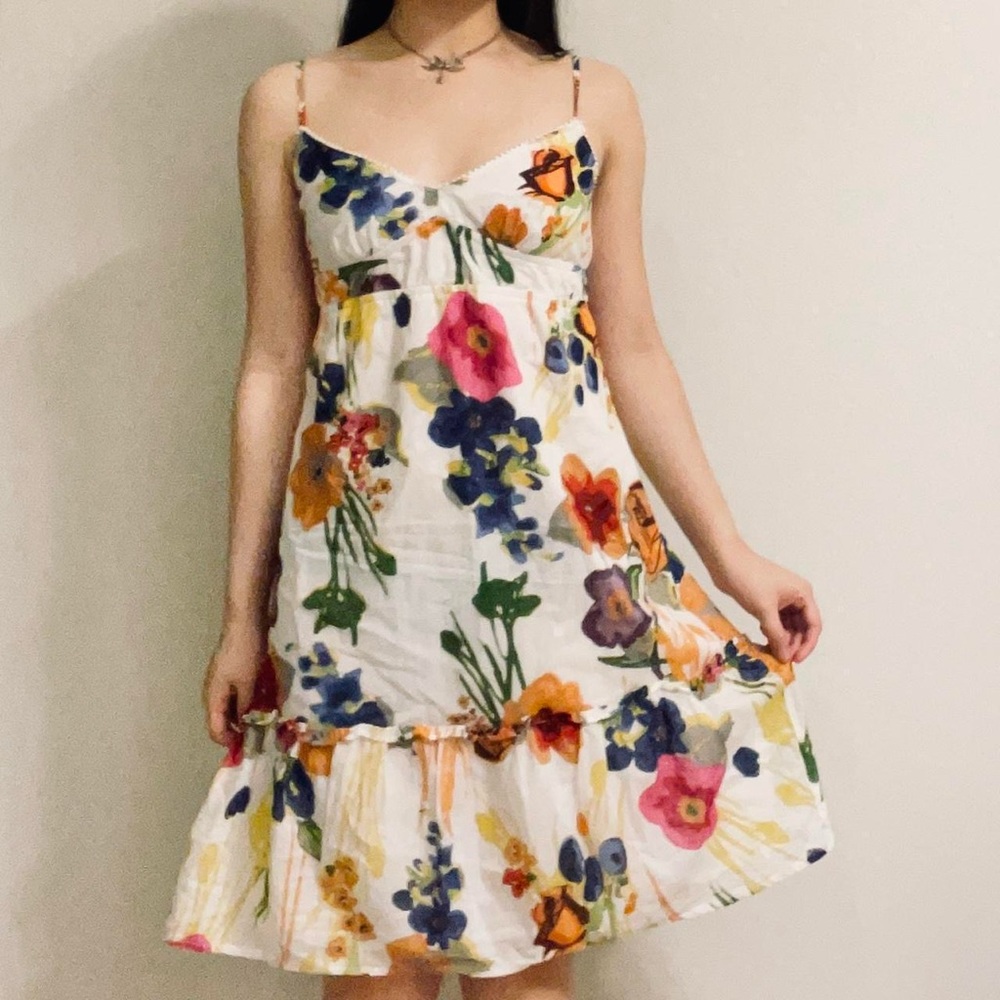 Vintage 90s floral cotton bustier bodice babydoll slip dress with ruffled hem